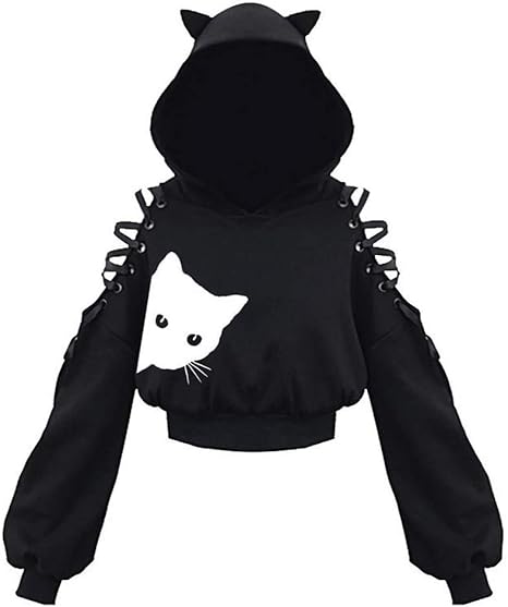Amazon 猫耳 パーカー レディース ショート丈 トレーナー オフショルダー トップス 猫耳フード付き トレーナー パーカー 通販