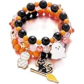 Beaded Boho Halloween Stretch Bracelets for Women Colorful Cute Steleton Ghost Pumpkin Skull Stackable Stretchy Bracelet Thanksgiving Outfits Accessories