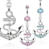 Nautical Anchor Gemmed Belly Ring 316L Surgical Steel 14g Dangle Navel Ring