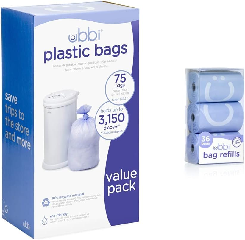 Ubbi Disposable Diaper Pail Plastic Bags, Value Pack, 75 Count, 13