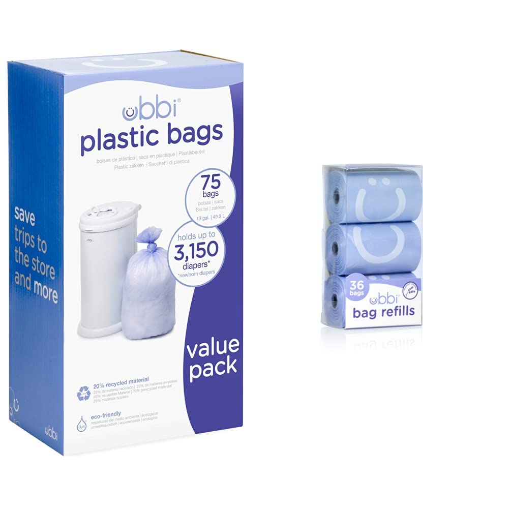 Ubbi Disposable Diaper Pail Plastic Bags, Value Pack, 75 Count, 13