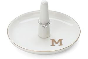 HOME SMILE Initials Ring Holder Jewery Tray with personalized M-Monogrammed Engagement Gifts for Friends,Birthday Mother's Day Christmas Gifts for Women,Ceramic White