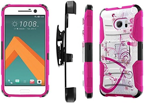 HTC 10 Case, [NakedShield] [Black/ Hot Pink] Heavy Duty Holster Armor Tough Case + [Screen Protector] - [Love Hearts] for HTC One M10 / HTC 10