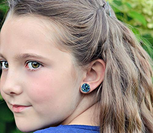 Silver-tone Blue Faux Druzy Stone Stud Earrings 12mm - Thumbnail 3