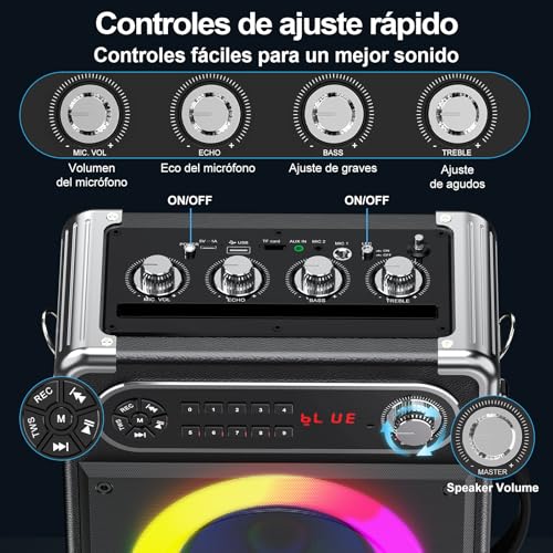 JYX Karaoke 3 Microfonos Inalambricos, Altavoz Karaoke Profesional 80W con Bluetooth 5.3 y Luces RGB, Control de Bajos/Agudos/Eco, TWS/FM/TV/AUX/USB/TF/Rec para Familia, Fiestas y Exterior