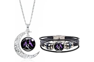 Dcfywl731 Zodiac Necklace Bracelet Set for Women Men 12 Constellation Moon Pendant Necklace Handmade Woven Zodiac Sign Wrap Bracelet Jewelry Gifts for Birthday Christmas