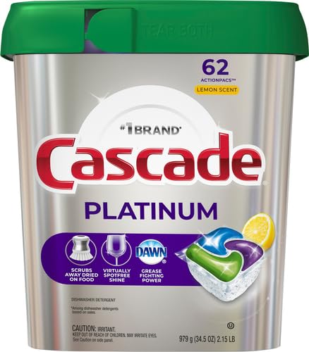 CASCADE PLATINUM DISHWASHER PODS, DISHWASHER DETERGENT, DISHWASHER SOAP, ACTIONPACS, LEMON, 62 COUNT