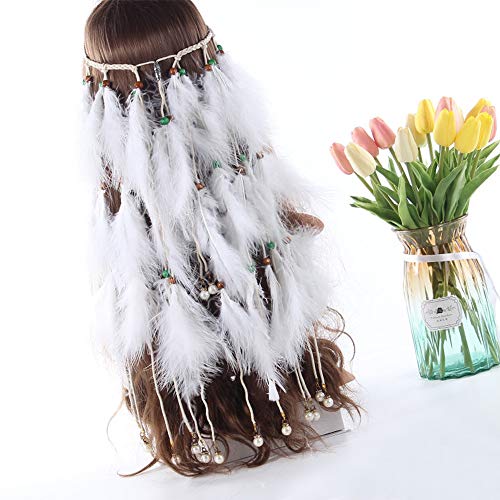 Feather Headband White Fake Pearl Hippie Indian Boho Hair Bands Tassel Bohemian Halloween Hair Hoop Women Crown Hairband Party Decoration Headdress Cosplay Costume Headwear Headpiece Hair Accessories - Thumbnail 2
