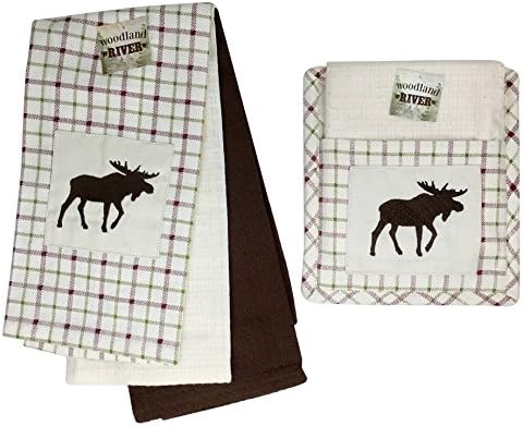 Woodland River Embroidered Dish Towel and Pot Holder, Set of 5 (Moose)