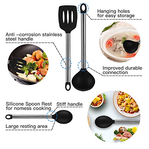 Kitchen Utensil Set - 8 Cooking Utensils Kit Gadgets with Nonstick Silicone & Stainless Steel - Kitchen Tools Serving Spatula, Spoon, Tongs, Whisk, Strainer, Ladle, Pasta Server, Slotted Turner
