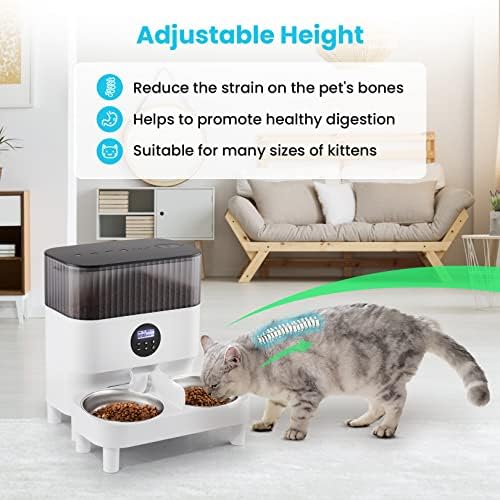 Comedero Automático para Dos Gatos, Dispensador con Dos Cuencos de Acero Inoxidable, Recordatorio de Voz 10s, hasta 80 Porciones y 4 Comidas al Día para Perros y Gatos, Blanco-5L
