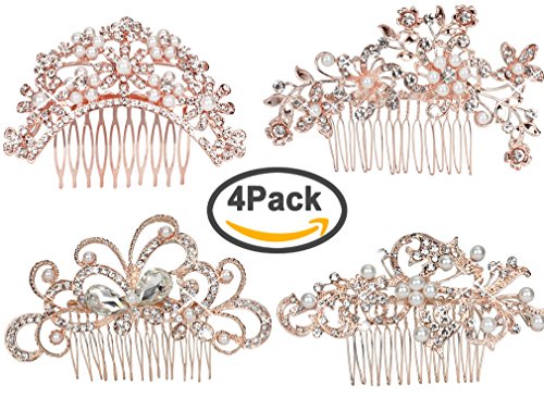 Pack of 4 Bridal Wedding Hair Comb Rose Gold Crystal 