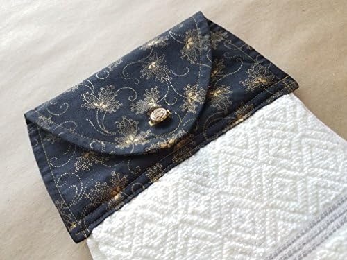 Elegant Leaves Hanging Kitchen Towel, Black and Gold Button Top Dish Towel, Neutral Kitchen Linens, Fall Kitchen Linens, Autumn Home Decor