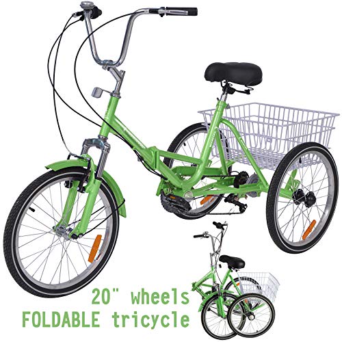 VANELL 20″ 7 Speed Tricycle Adult Trike Cruise Bike – Foldable 3 Wheeled Bicycle – with Large Size Basket Backrest Seat – for Women Men for Shopping Exercise Recreation (Green, 20″)