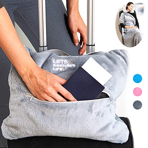 4 in 1 Travel Blanket - Lightweight, Warm and Portable. The Latest Small Compact Airplane Blankets & Pillow Set. Made of Warm Plush, 2 Practical Mesh Pockets with Fashionable Carry & Luggage Straps - Thumbnail 7
