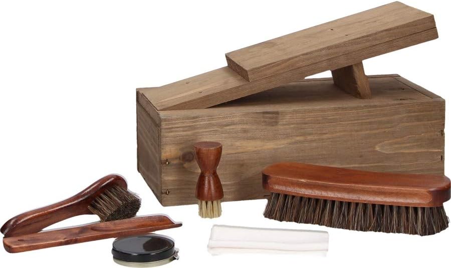 Esschert Design Wooden Boot Cleaning Kit with Foot Rest includes Brushes, Shoe Dauber, Shoe