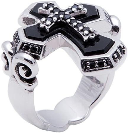 Morsca Sterling Silver 925 Christian Religious Cross Ring Rhodium With Natural Black Agate (8)
