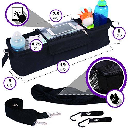 BEST DOUBLE STROLLER ORGANIZER Storage Bag for Double / Twin / Tandem Strollers, Exclusive Phone-Pocket Cell Holder & Waterproof Rain Cover. PLUS 2 FREE Stroller Hooks. Must Have Stroller Accessory