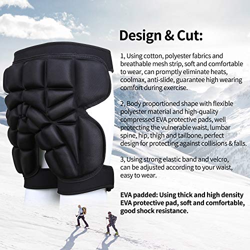 3D Protective Hip Pad Protective Gear Guard Drop Resistance Hip Butt Tailbone EVA Padded for Ski Roller Skating Skateboarding Snowboard Ice Skating Hockey Cycling Fits Kids Teens Adults (XS) Black