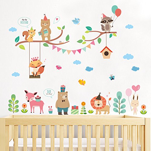 BIBITIME Animal Party Wall Decal Squirrel Bear on Tree Swing Queen Fox Balloon Raccoon Flag Branches Birdcage Butterfly Plant Flower Cake Deer Gifts Lion Heart Rabbit Vinyl Sticker for Nursery Bedroom