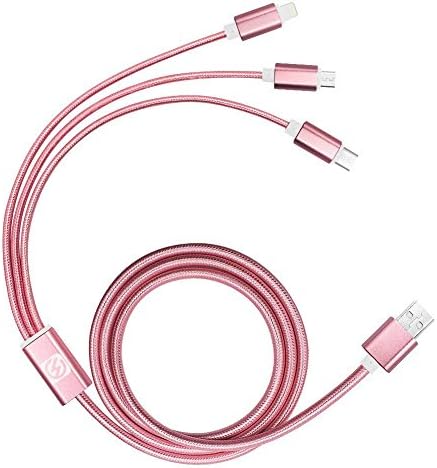 E-MAZONCO 3-in-1 Universal USB 2.0 4-Feet Charging Cable with Micro USB, Type C, Lightning Cable - Rose Gold