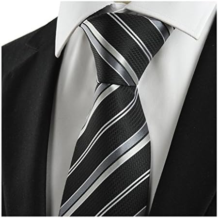 USOLDFLY Men's Business Twill Formal Jacquard Woven Tie Striped Black Silver Necktie