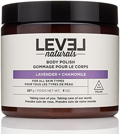 Level Naturals Body Polish – 8 oz Exfoliating Body Scrub with Raw Sugar, Coconut, Jojoba Oils and Rosehip – Hydrating and Nourishing Bath and Shower Body Exfoliant (Lavender + Chamomile)
