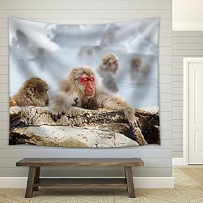 Japanese Macaque Monkeys in Bath - Fabric Wall Tapestry Home Decor - 51x60 inches
