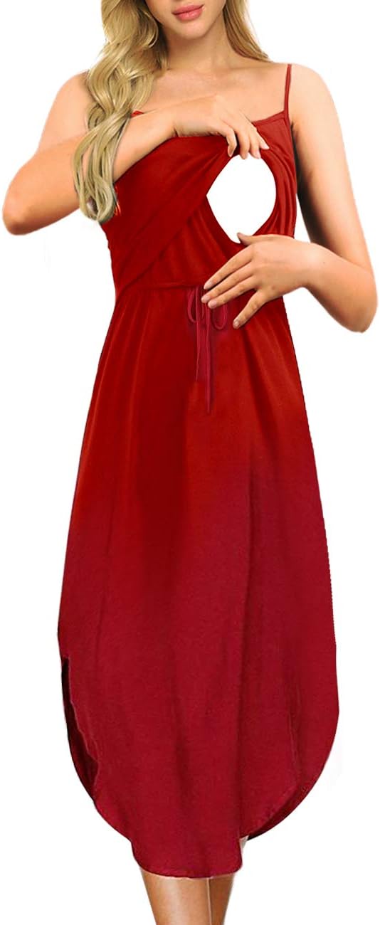 Women's Nursing Breastfeeding Strappy Split Sleeveless Tank Dress Midi Dress