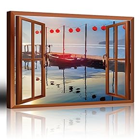 Modern Copper Window Looking Out Into a Bridge on a Lake with Boats on The Side - Canvas Art Home Art - 24x36 inches