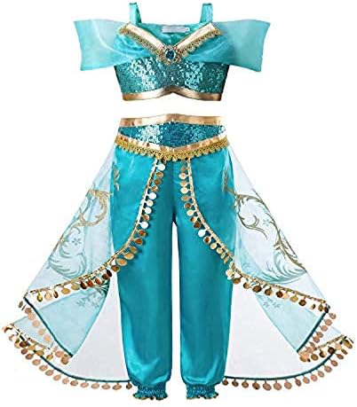 VENBON Girls Princess Dress Up Costumes Fancy Dress, Halloween Party Dress Up-Teal_Gold