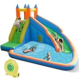 Costzon Inflatable Slide Bouncer, Water Pool with Long Slide, Climbing Wall, Including Oxford Carry Bag, Repairing Kit, Stakes, Castle Bounce House for Kids (with 735W Air Blower)