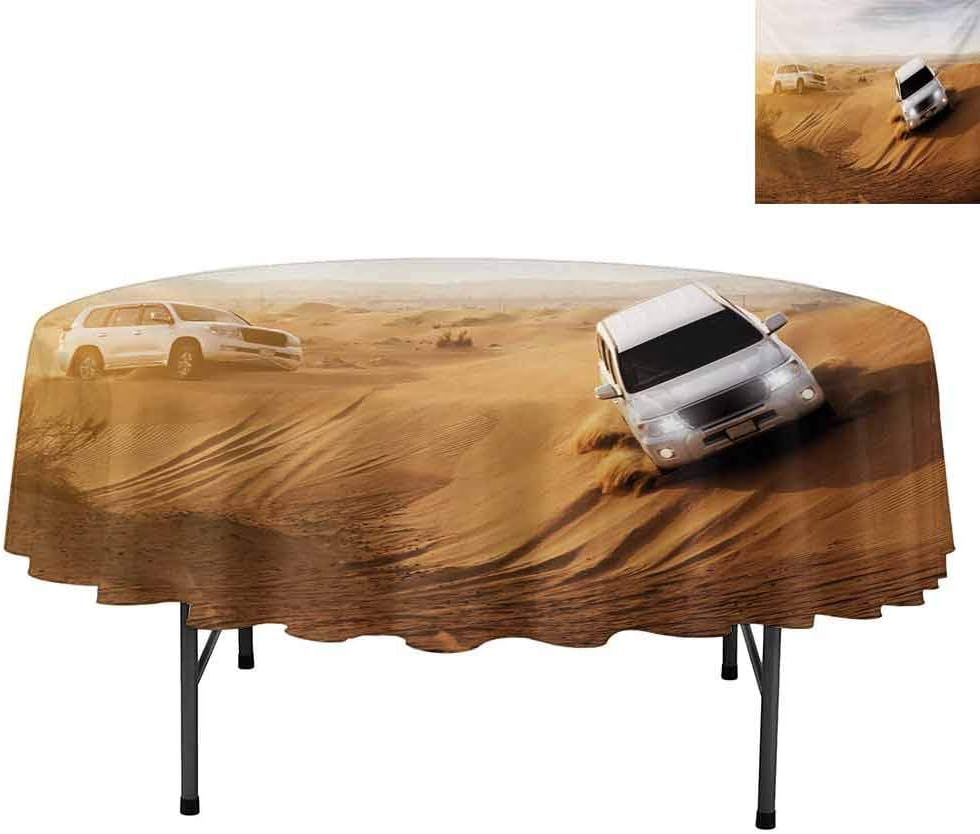 Round Spillproof Table Cloth, Race in The Desert Safari Adventure Exotic Hobby Activi, Table Cover for Kitchen and Dining Room, Round 50", Sand Brown White