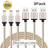 Cablex iPhone Charger 3Pack 10FT Nylon Braided Lightning Cable Extra Long Charging Cord for iPhone X 8 8Plus 7 7Plus 6s 6sPlus 6 6Plus SE 5 5s 5c iPad iPod & More (Gold)