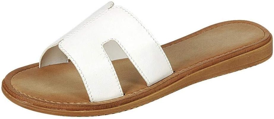 Wells Collection Womens Slip On Slide Flat Sandal with Notch Cut-Outs, White, 7.5