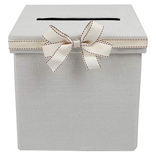 FLUYTCO Wedding Card Envelope Box - Linen Fabric & Removable Ribbon Bow - Collapsible - Perfect for Weddings, Baby Showers, Birthdays, Graduations - Large Size, 100+ Cards