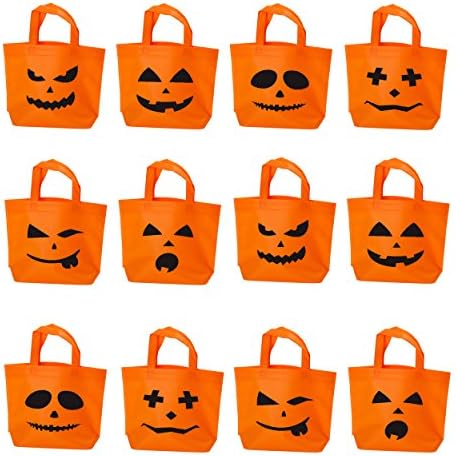 Halloween Trick or Treat Candy Tote Bags | Pumpkin Face Jack O Lantern Kids Goodie Handy Bag with Handle, for Costume, Sweets, Decorations, Party Favors - Set of 12