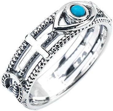 Solid 14k White Gold Milgrain Blue Sideways Cross Evil Eye Good Luck Ring