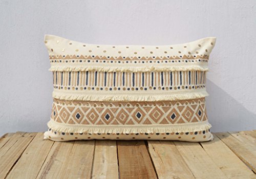 Cream Colour Pillow Cover Fringes Lace Embroidered Moroccan Pillow Standard Size 14x21 Inches