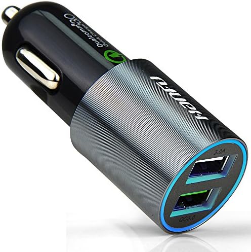 Hanfu Quick Charge 3.0 Car Charger Adapter Dual USB 2 Port for Android Phone Samsung S6 S7 Edge Universal iphone 6 6s Plus 7 ipad Metal Housing Blue Ring LED Indicator Light with Micro USB Cable