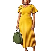 AOMEI Women's Short Sleeve Asymmetrical Ruffles High Waist Pleated Hem Midi Spring Dress