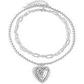 Y2k Chunky Love Heart Statement Necklace Layered Beaded Pearl Chain Double Hearts Pendant Necklace Stacked Paperclip Chain Choker Jewelry Cool Stuffs for Women Men