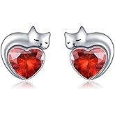 Dreamboat Sterling Silver Cat Birthstone Heart Stud Earrings for Women
