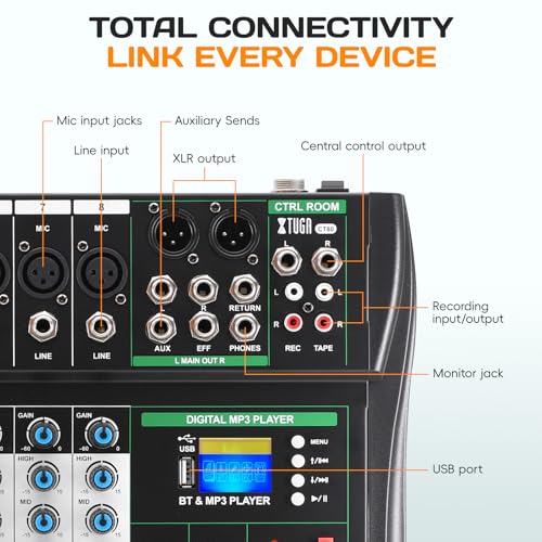 XTUGA CT80 8 Channel Audio Mixer for PC Recording Professional Sound Board Built-in Digital Effect Studio Mixer with 48V Phantom Power RCA Input Output MP3Bluetooth EQ