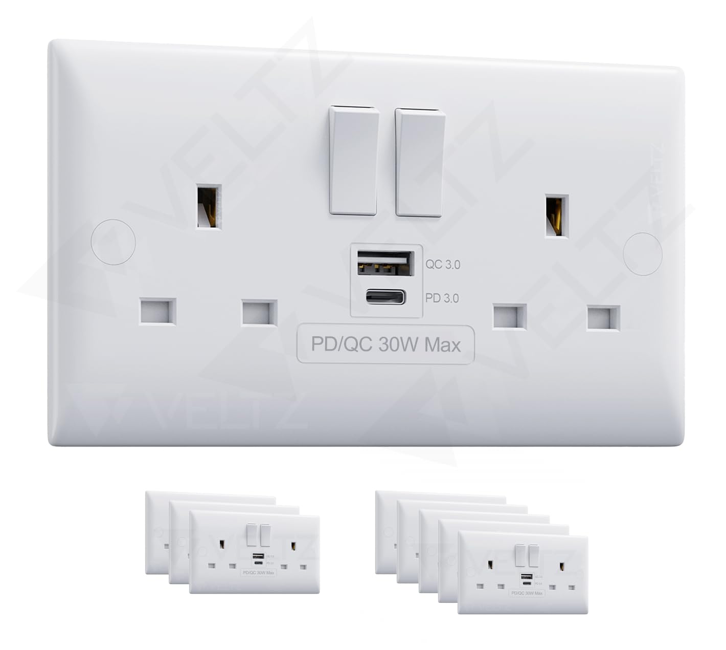 VELTZ Pro C & A Socket | 30W PD/PPS C & 18W QC 4.0 A | Super Fast Charging | Double Plug Wall Socket 13A 2 Gang | White