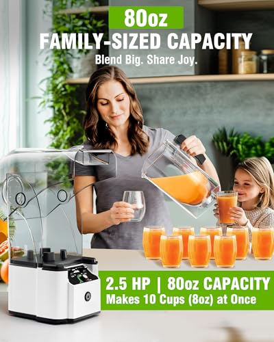 WantJoin - Licuadora silenciosa – Licuadora de cocina con motor de cobre de 2.5 CV, tarro de 88 onzas, licuadoras silenciosas multifuncionales para batidos, jugos, sopas, salsa, con 15 velocidades