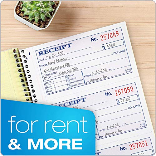 Adams Money and Rent Receipt Books 2 Part Carbonless New Color Cover, White, Canary & Pages, 5-1/4" x 11", Spiral Bound, 200 Set Book, 4 Receipts per Page reciept Book Booklet (SC1182 -E)