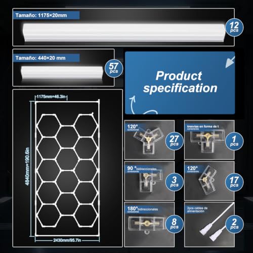 Luces Led Hexagonales, Luz Led Hexagonal para Garaje de 6500k, 14 Cuadrículas Luz Lámpara de Techo para Cochera, Gimnasio, Sala de Juegos, Almacén, Sótano, Tienda