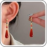 Yheakne Vintage Red Teardrop Earrings Ethnic Long Teardrop Dangle Earrings Waterdrop Red Opal Earring Ruby Gemstone Drop Earring Jewelry for Women
