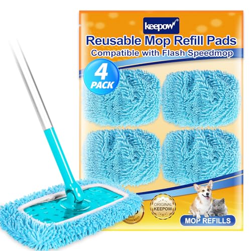 KEEPOW Reusable Pads for Flash Speed Mop Refill Wipes, Microfiber Wet Dry Refills for Flash Speed Mop Starter Kit, Machine Washable Up to 100x (4 Pack)